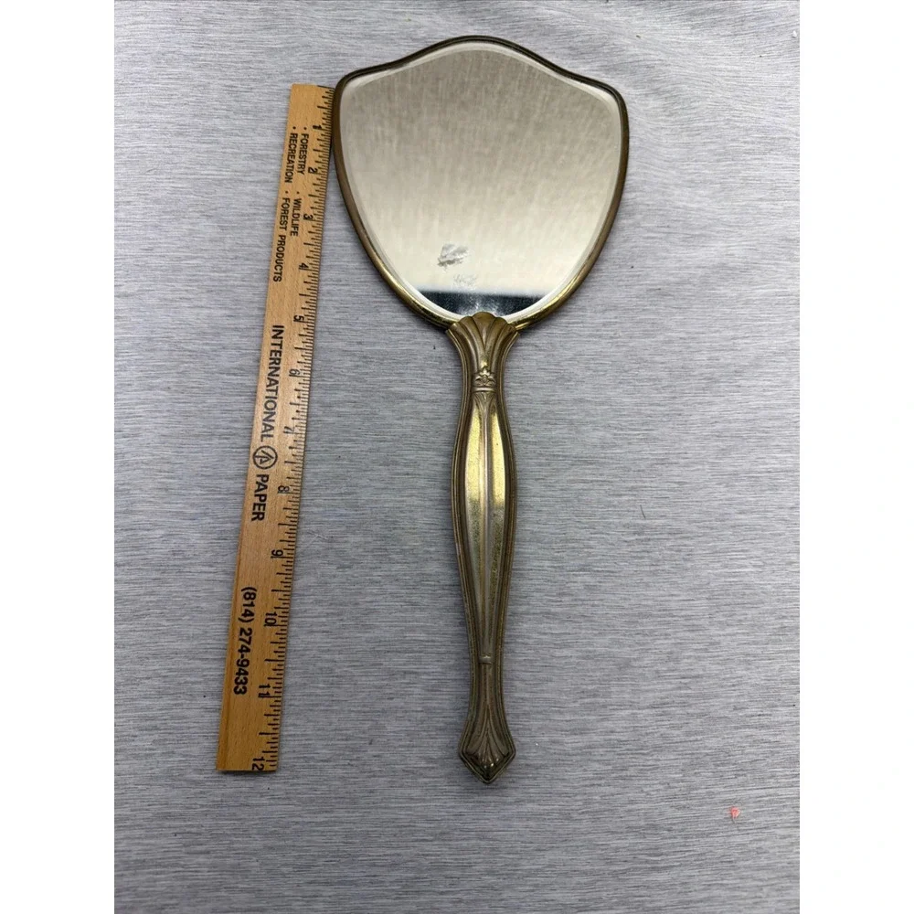 Vintage Gold Tone Hand Mirror Art Deco Floral Lace Inlay Shield Shape 12.5 Inch